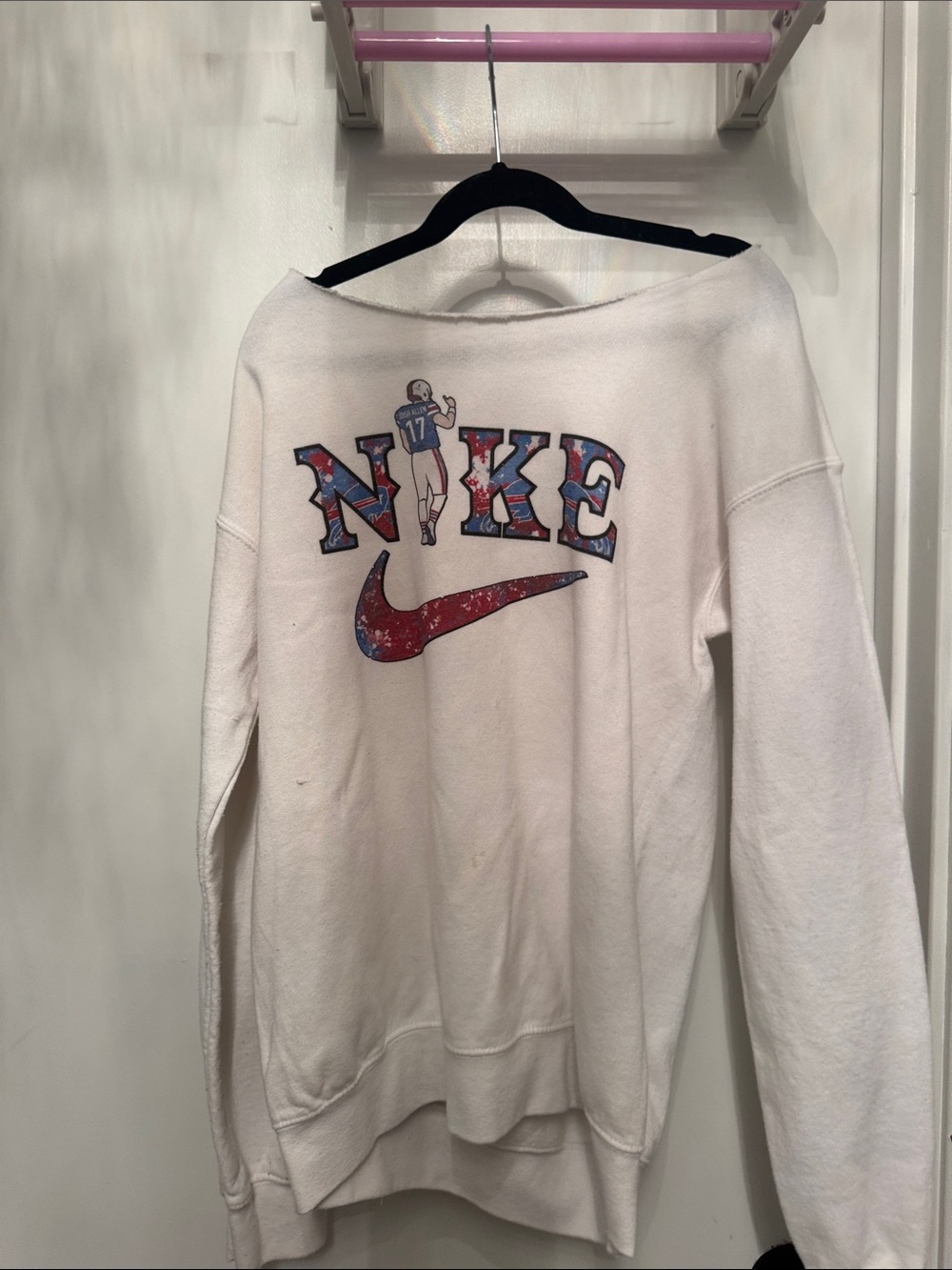 Off-the-Shoulder White Nike Sweatshirt with Red & Blue Graphic